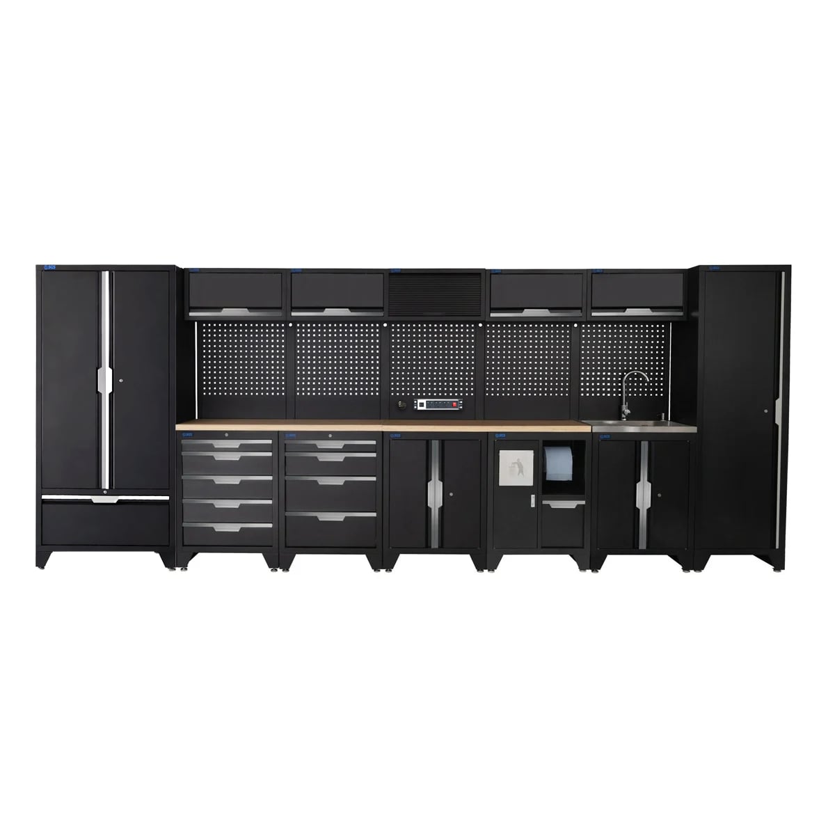 SGS 17pc Garage Storage System | 9 Drawers | Pressed Wood Worktop | Tall Single & Double Cabinet with Drawer | Bin Unit | Sink Unit | Floor Cabinet | 5x Upper Cabinets | Pegboard with Power Strip